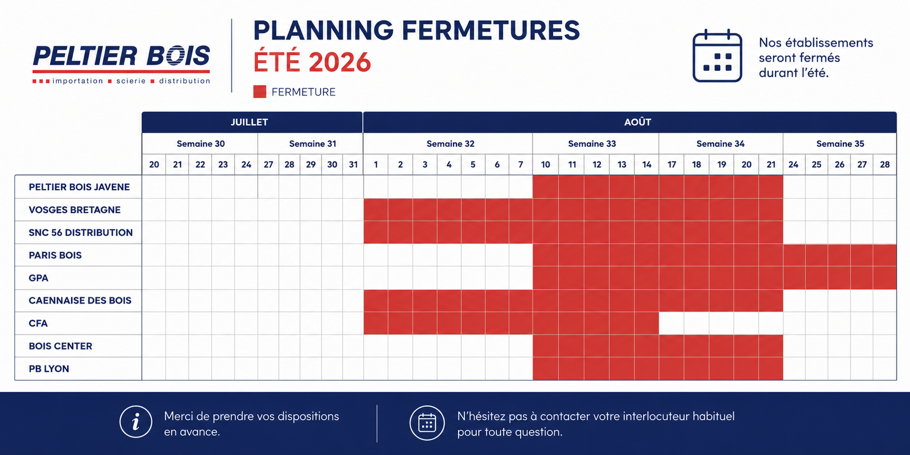 Calendrier des fermetures estivales 2026