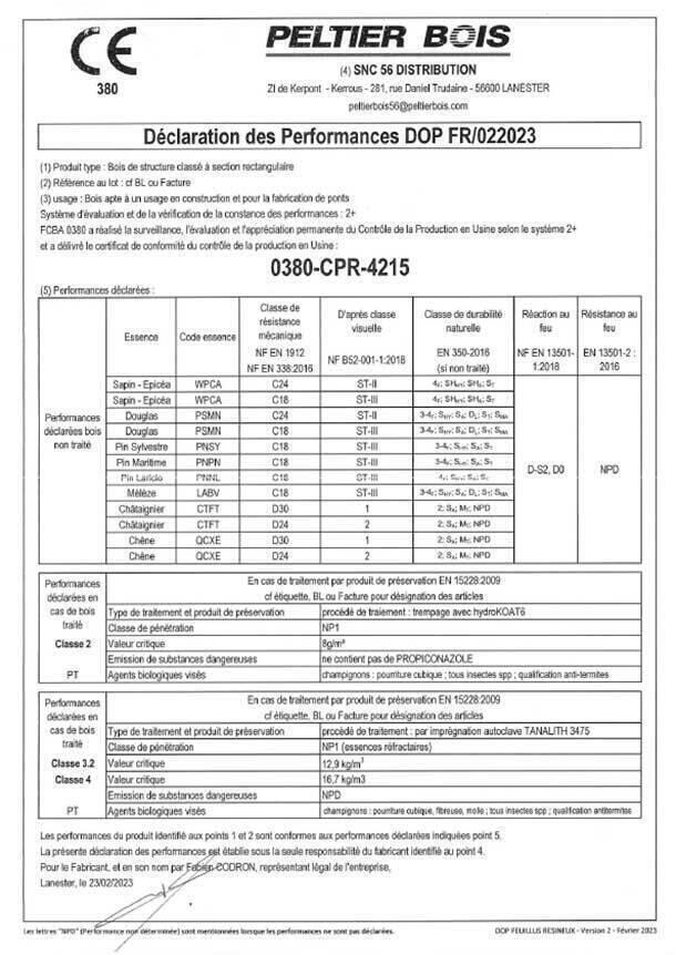 Certificat de contrôle CE PELTIER 56 feuillus resineux